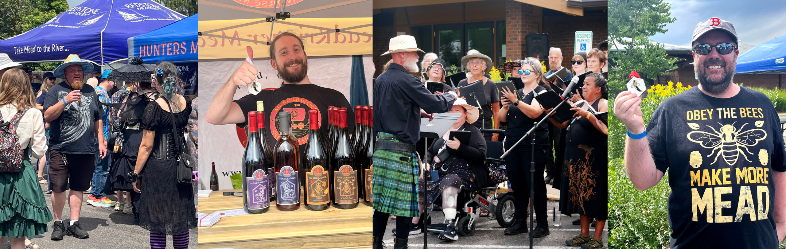 People attending a craft fair under colorful tents, enjoying music, tasting wines, and celebrating outdoors at a community event.